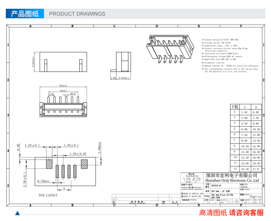 ZH1.5间距立贴连接器,宏利连接器,规格书 ZH1.5间距立贴连接器,宏利连接器,规格书