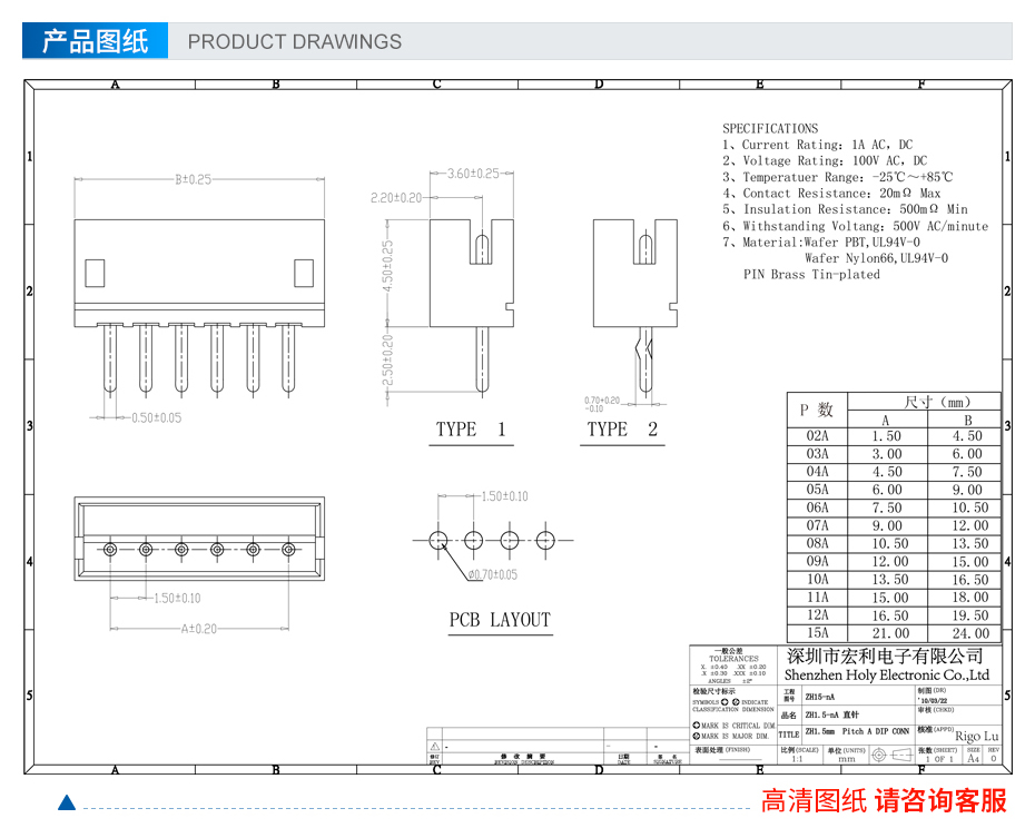 ZH1.5间距直针连接器接插件,宏利连接器,规格书 ZH1.5间距直针连接器接插件,宏利连接器,规格书