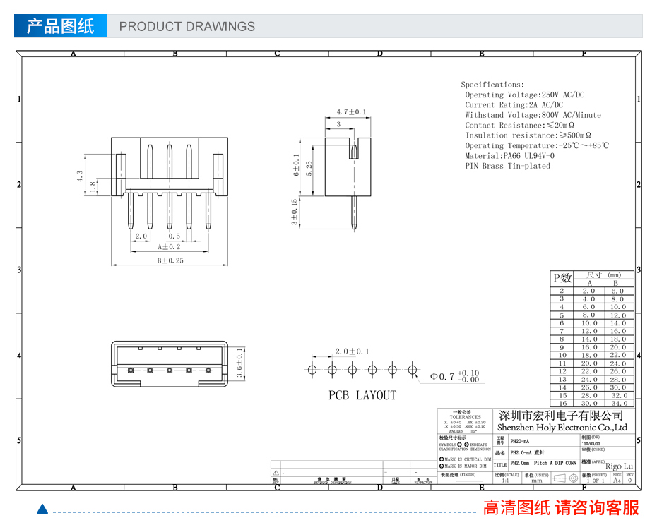 PH2.0间距直针接插件连接器,宏利连接器,规格纸图 PH2.0间距直针接插件连接器,宏利连接器,规格纸图