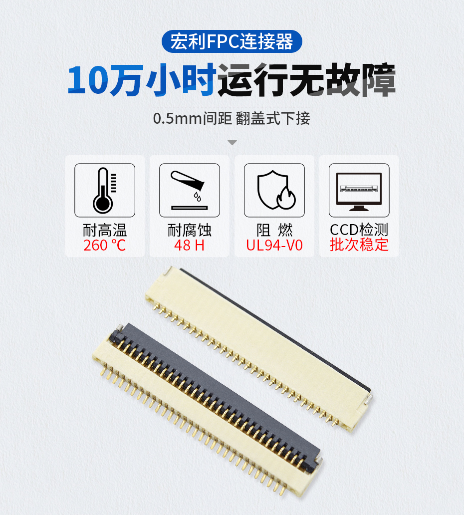 翻盖式fpc连接器0.5mm间距H1.0厚