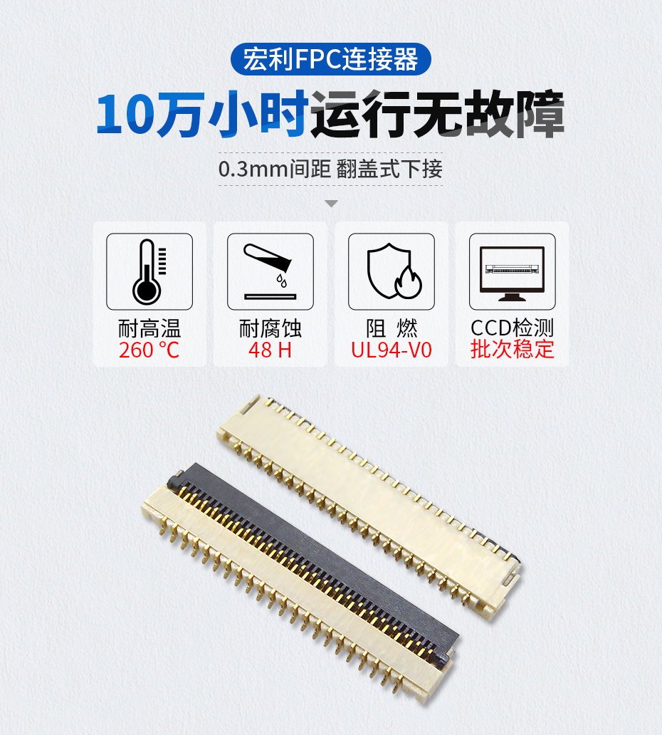 翻盖式fpc连接器0.3mm间距H1.0厚