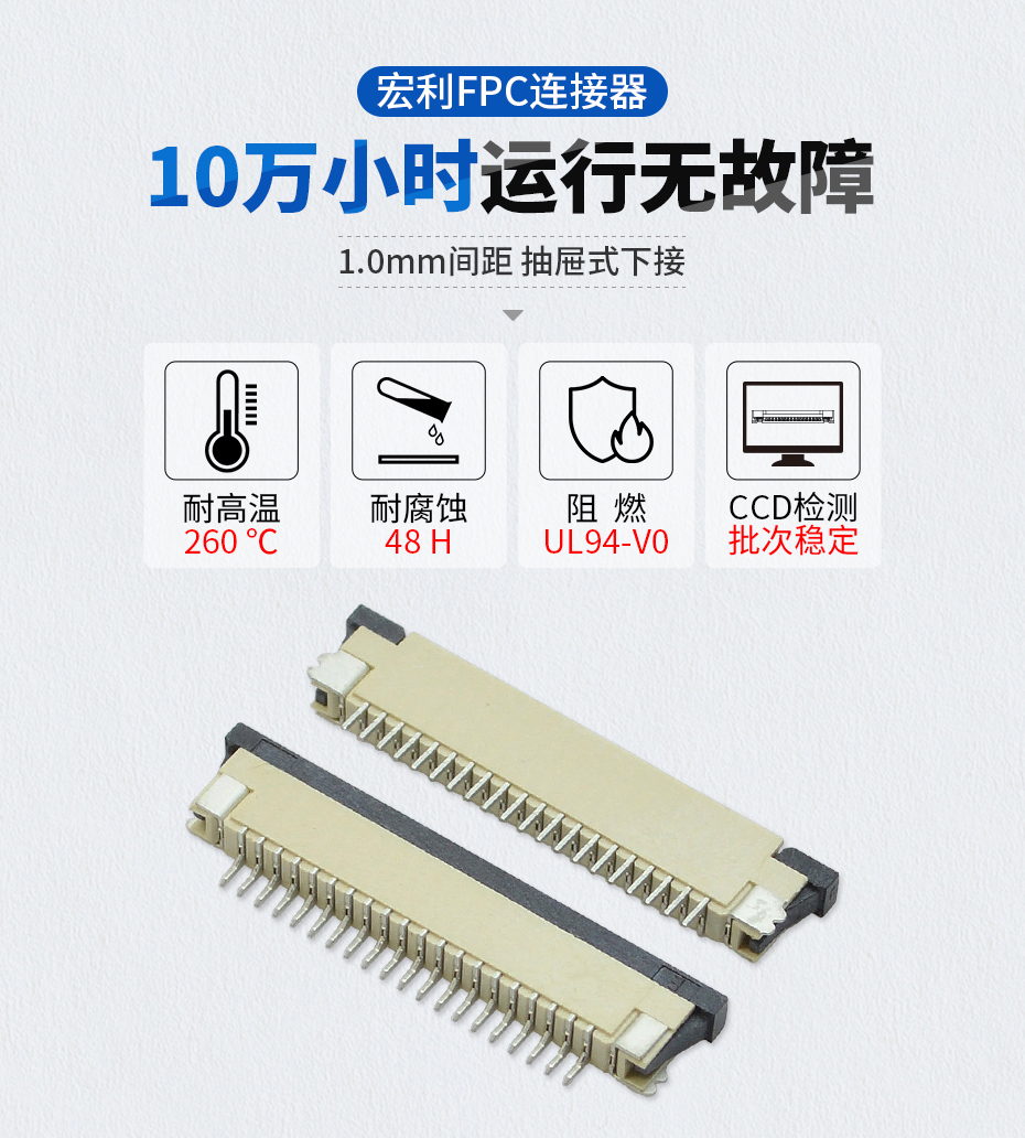 1.0MM接插件 FFC扁平软排线连接器 FPC插座4P针 贴片下接抽屉
