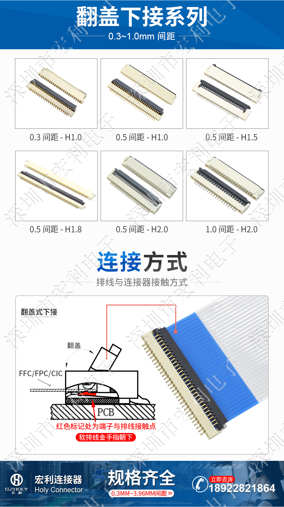 FFC/FPC插座0.5mm间距 80P 1.8mmH镀金 翻盖式下接触连接器带扣 fpc连接器厂家[宏利]